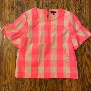 J Crew Neon Pink Plaid Ruffle Sleeve Top, Size 6